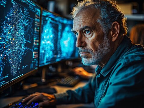 Elderly caucasian male analyzing data on multiple computer screens in a dark room