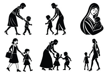 Fototapeta premium Happy Mothers' Day silhouette set. Mother with child playing, walking, holding vector illustration. Mother's Day icon design collection