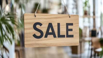 Wooden sale sign hanging in store, promoting discounts and offers