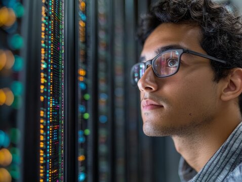 Young hispanic male observing data servers in a technology environment