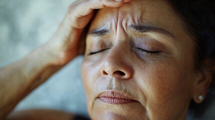 Obraz premium Middle-aged Hispanic woman experiencing a headache, expressing distress with her eyes closed and hand on her forehead.