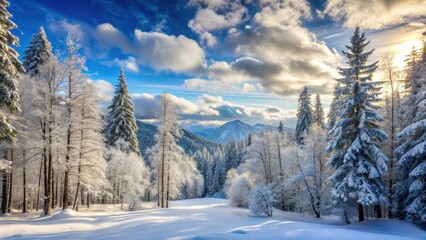 Fototapeta premium Dense snow-covered forest with tall trees and bare branches against a pale blue sky and soft white clouds, frosty mountains, frozen landscape