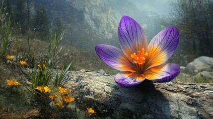 Closeup of crocus flower with a backdrop of towering trees