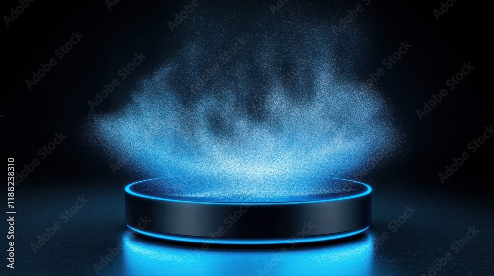 Poster Illuminated Circular Platform with Blue Particle Eruption