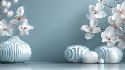 Fototapeta premium White Flowers in Elegant Ceramic Vases and Orbs