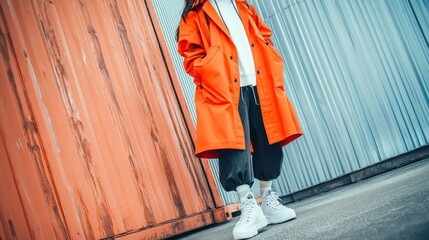 Urban Style:  A Woman in a Vibrant Orange Trench Coat