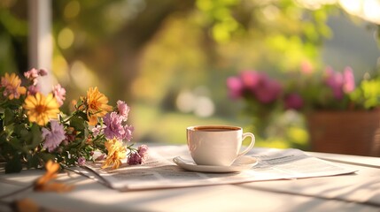 A cozy morning scene featuring a white coffee cup surrounded by colorful flowers, evoking warmth and tranquility.