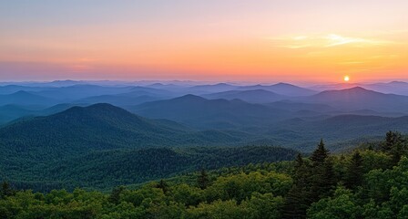 Naklejka premium Majestic Mountain Sunset: A Breathtaking Panorama of Serene Peaks