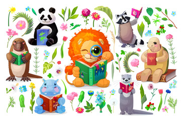 vector funny animals kids studying reading books illustration bundle. Nature cliparts. Children education and reading items, schooling cartoon object illustration. Hand drown Baby graphics concept. 