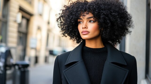 Stylish Woman in City Street, Black Coat, Curly Hair