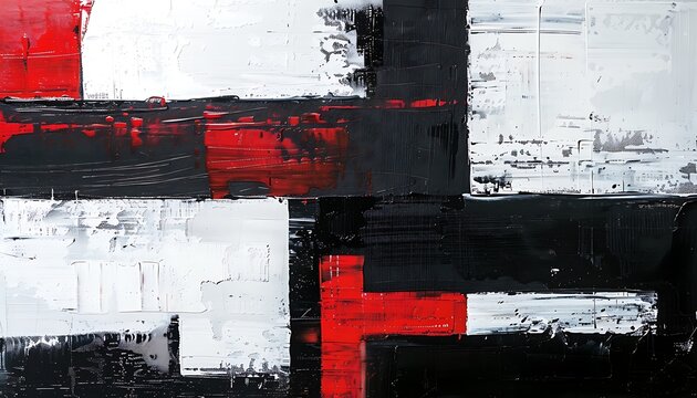 Dynamic abstract painting with black, white, and red rectangles, textural layers, and urban graffiti influences. Bold and modern.