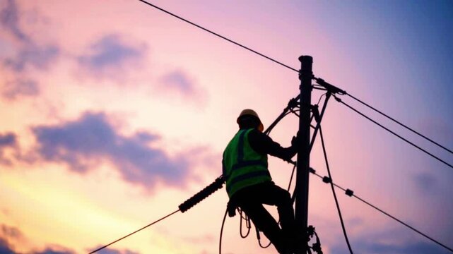 Heroic Pose of Utility Worker During Dusk