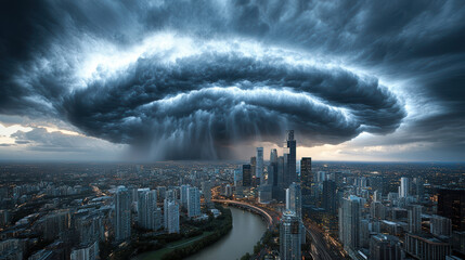 Dramatic thunderstorm clouds over city skyline, creating stunning view
