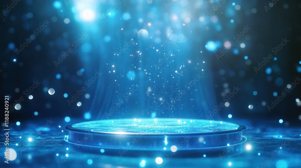Poster glowing blue platform with sparkling particles