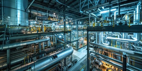 Fototapeta premium A complex industrial facility with interconnected pipes and machinery.