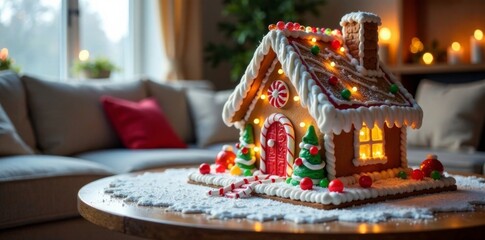 Obraz premium Sparkling ice and candy-adorned gingerbread house on living room table , centerpiece, holiday, candy