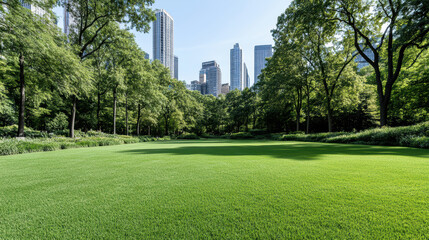 Fototapeta premium Lush green park surrounded by skyscrapers in vibrant cityscape