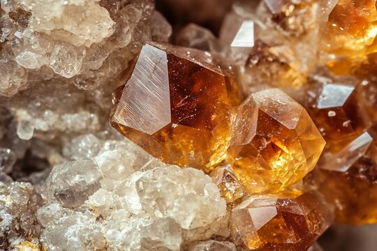 Macro close up of honey colored zircon crystals embedded in a white and gray crystalline matrix, showcasing their complex geometrical facets