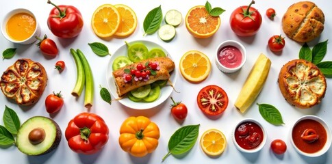 Stylishly arranged large selection of exotic and common foods on a plain white background, food, plate, dessert
