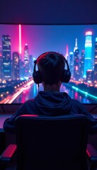 Teenager sits in front of VR gaming setup with futuristic cityscape behind them, , Metaverse, Futuristic City