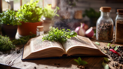 A Vintage Cookbook Opened to Herb Recipes Surrounded by Fresh Ingredients and Warmth of the Kitchen
