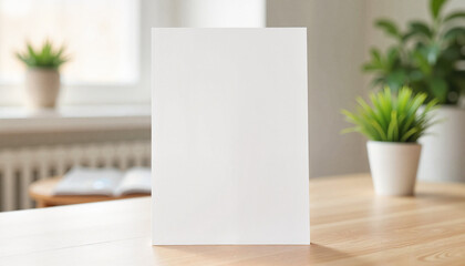Fototapeta premium Minimalist vertical paper mockup on wooden desk in bright office, branding