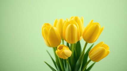 Naklejka premium A cluster of vibrant yellow tulips with delicate green stems against a soft mint green background.