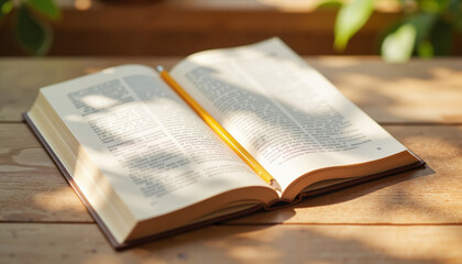 Obraz premium Open book with pencil in cozy living room, knowledge and comfort