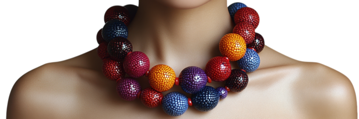 Vibrant chunky statement necklace, bold beads, minimal aesthetic, elegant design, striking accessory against a clean white backdrop