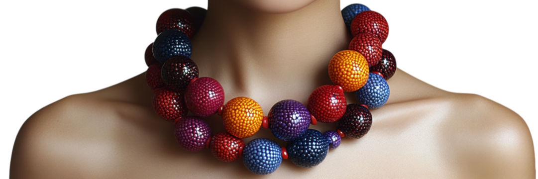 Vibrant chunky statement necklace, bold beads, minimal aesthetic, elegant design, striking accessory against a clean white backdrop
