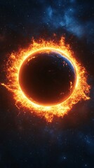 Naklejka premium A striking image of a planet surrounded by fiery flames against a starry backdrop.