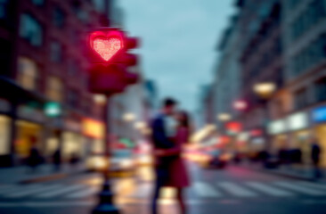 Obraz premium Man and a woman in love kiss at a traffic light, standing on the roadway. Valentine's Day concept. Blur effect.