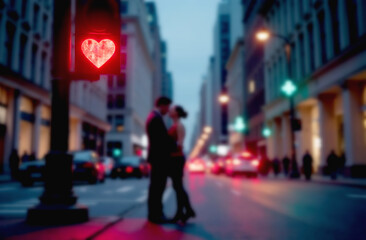 Man and a woman in love kiss at a traffic light, standing on the roadway. Valentine's Day concept. Blur effect.
