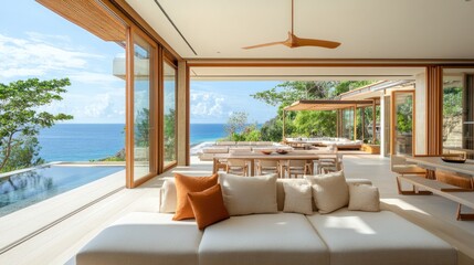 Modern Coastal Villa Living Room Overlooking Ocean