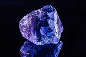 Tanzanite gemstone with beautiful purple and blue colors reflecting on a black background