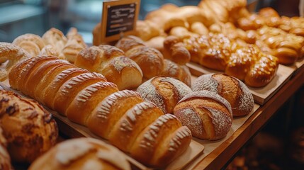 Assortment of freshly baked artisan breads in a bakery display