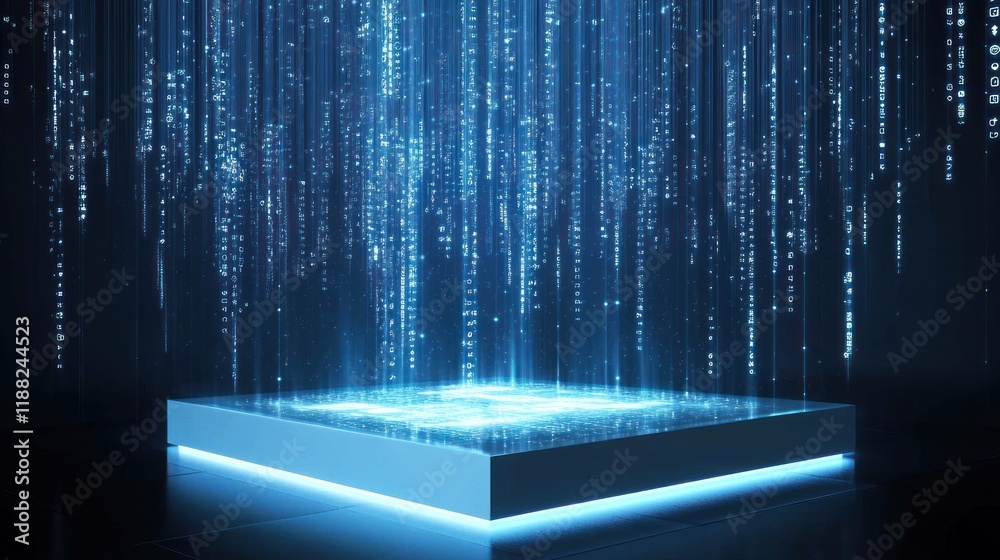 Poster Digital Data Rain Falling Onto Illuminated Platform