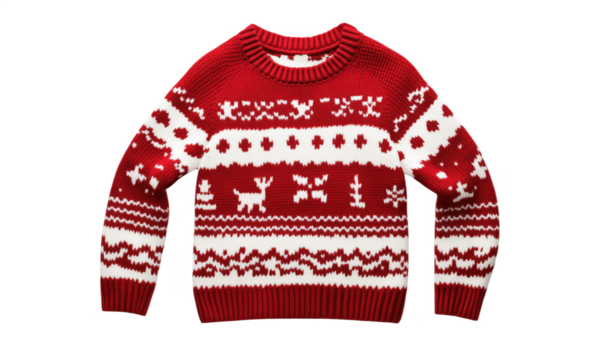 Christmas sweater with festive patterns and colors, red and white design featuring reindeer, snowflakes, and holiday motifs, isolated on transparent background, png