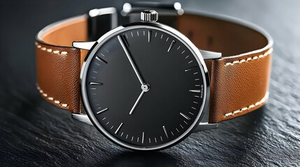 Elegant men's wristwatch with brown leather strap on dark surface, showcasing minimalist design; ideal for advertising