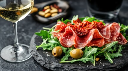 Delicious Prosciutto Salad with Sun-dried Tomatoes, Olives, and a Glass of White Wine