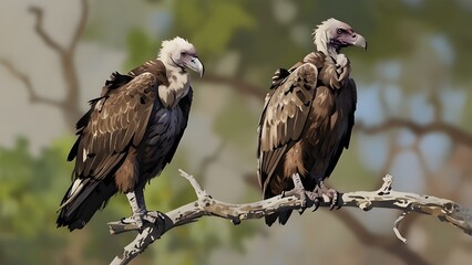 
 
A vulture with a gray head and brown feathers is perched on a branch and staring off to the side. The background is blurred, making the vulture the focal point of the image. 