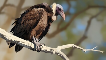 
 
A vulture with a gray head and brown feathers is perched on a branch and staring off to the side. The background is blurred, making the vulture the focal point of the image. 