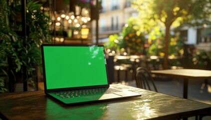 Laptop with green screen on cafe table.