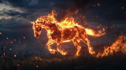 Majestic flaming horse galloping in a dark stormy landscape
