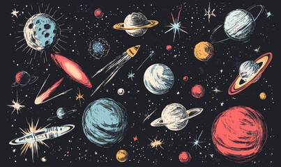 Hand-Drawn Grunge Space Adventure with Planets, Comets, and Spaceships Vector Art