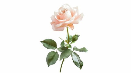 Fototapeta premium A delicate pink rose with green leaves, symbolizing beauty and love.