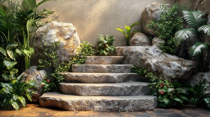 Ethereal Elegance: Sculptural Rocks Podium Rising in the Shadows, Symbolizing Strength and Balance