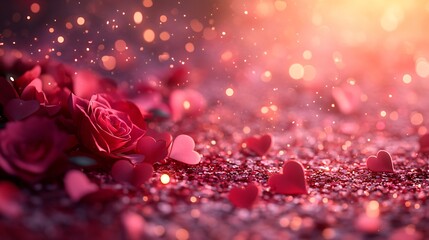 A dreamy, romantic scene featuring scattered rose petals and hearts, illuminated by soft, warm light, creating a magical atmosphere.