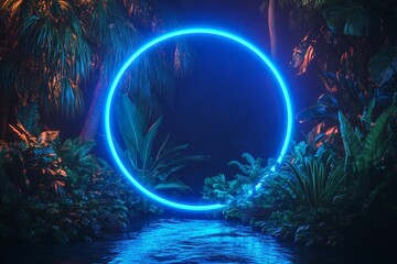 Glowing neon circle in tropical night scene.