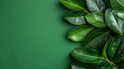 Obraz premium A collection of green leaves arranged on a solid green background, creating a natural aesthetic.